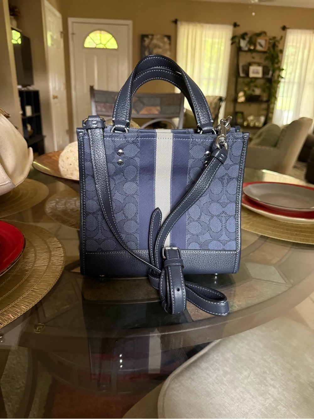 Coach Navy Blue and Cream Signature Canvas Tote - Picture 3 of 4